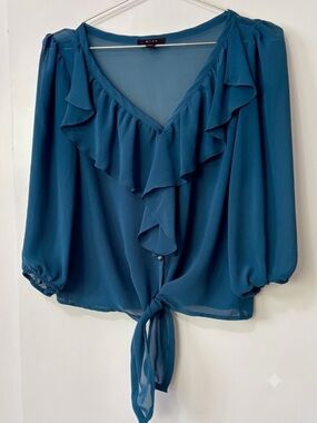 mine| Sheer Peacock Blue Ruffle Tie-Front V-Neck Cropped Blouse Sz M